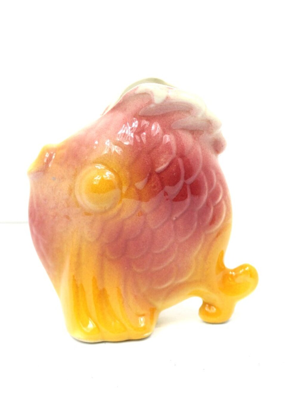 MCM Glazed Ceramic Yellow Orange Pink Fish Vase or Planter Pottery Style Vintage